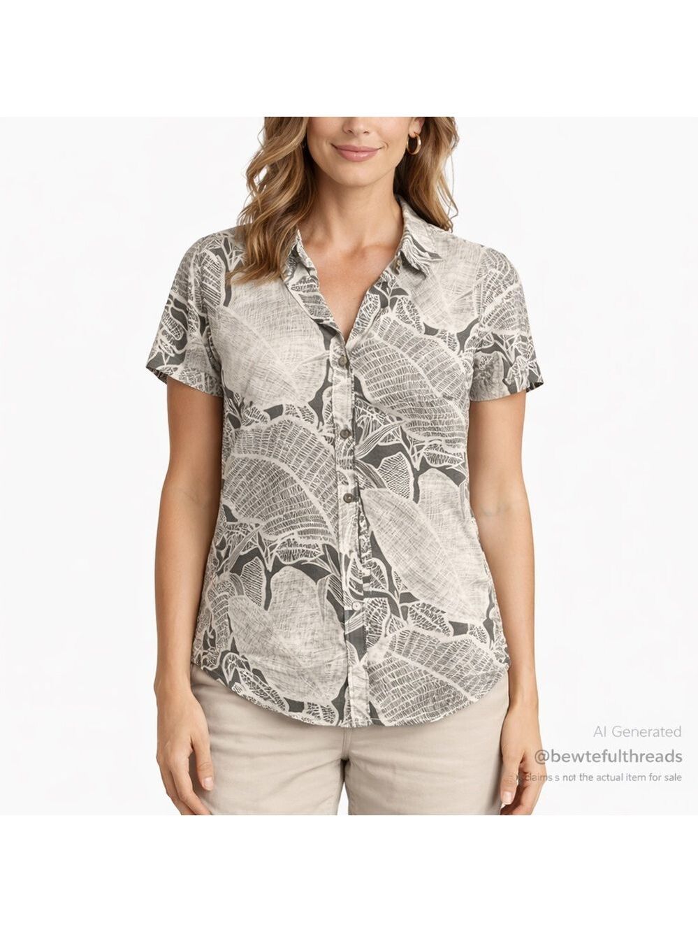 Tommy Bahama Women’s M Gray & Cream Linen Botanical Button-Up Shirt